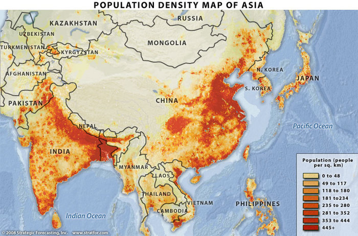 population map of china. China-India population density